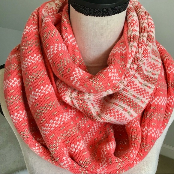 New York & Co Orange Cream & Gold Fair Isles Infinity Knit Scarf - Picture 2 of 4